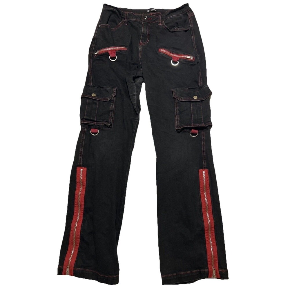 Whimsigoth Alt Hot Topic Cargo Jeans Red Black Flare Zipper Stars Goth Sz 9